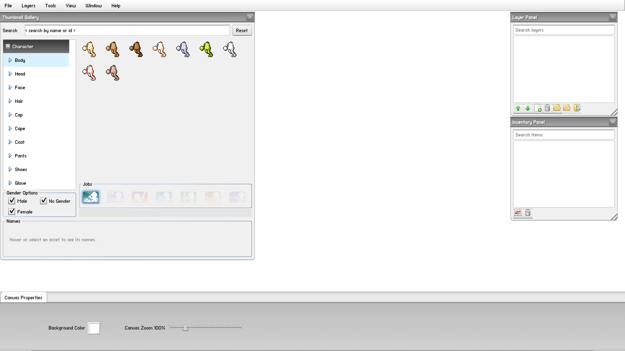 The BannedStory 4 editor right after startup: menu bar, Thumbnail Gallery, empty canvas, Layer and Inventory panels, and the Canvas Properties strip.