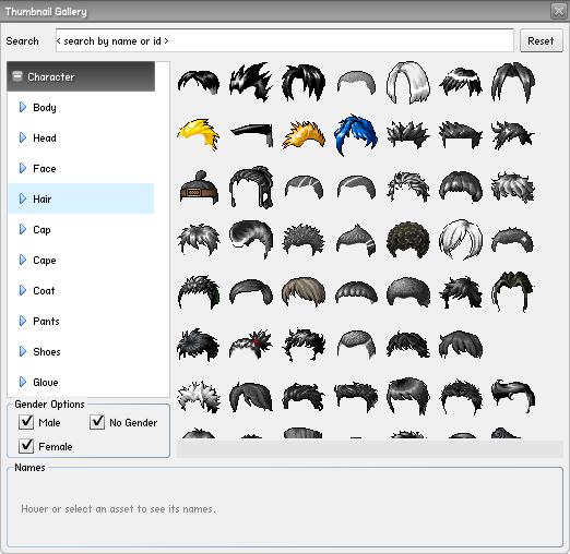 The Thumbnail Gallery browsing the Hair category, with the category tree on the left and a grid of hair thumbnails.