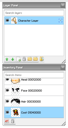 The Layer Panel showing one Character Layer row, with the Inventory Panel below listing the Body, Head, Face, Hair, and Coat parts.
