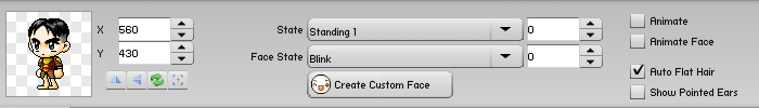 The Character Properties tab showing X and Y position fields, the State and Face State dropdowns set to Standing 1 and Blink, frame steppers, and Animate checkboxes.