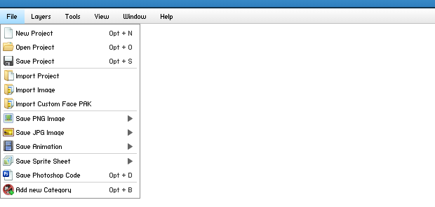 The File menu open, listing Save Project, Save PNG Image, Save Animation, Save Sprite Sheet, and more.